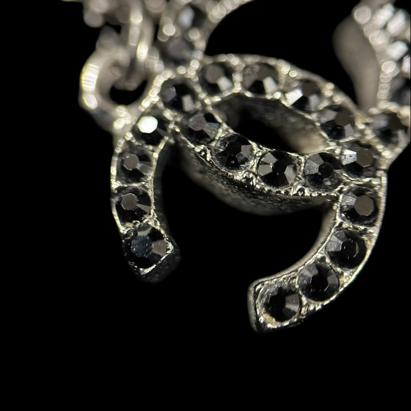 CHANEL Silver Alloy Black Pave Crystal Double CC Pendant Necklace