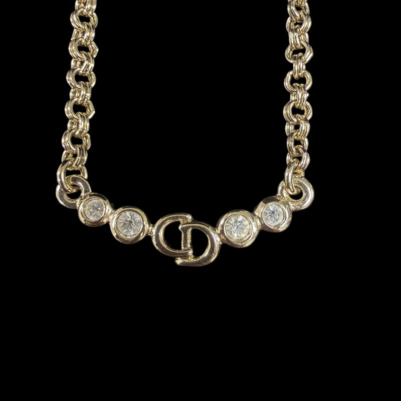CHRISTIAN DIOR CD Logo Necklace Accessory Gold Metal Inlaid Rhinestone Slim Chain Elegant with Original Box