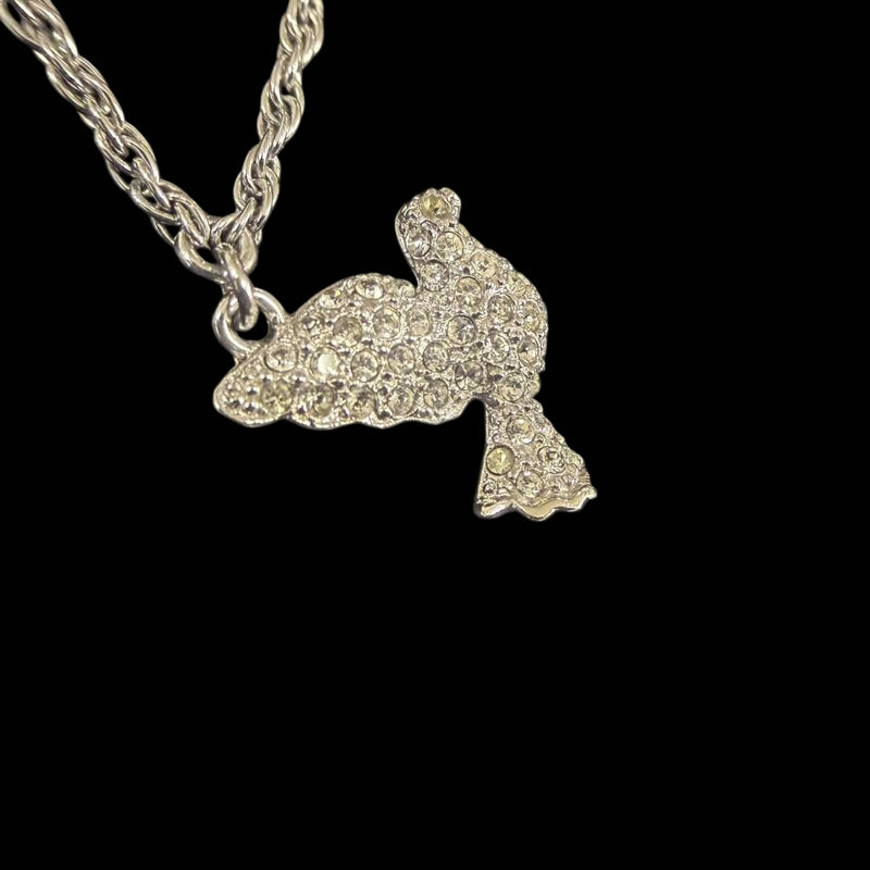 DIOR Dove Motif Pendant Necklace Rhinestone Silver Alloy Hardware