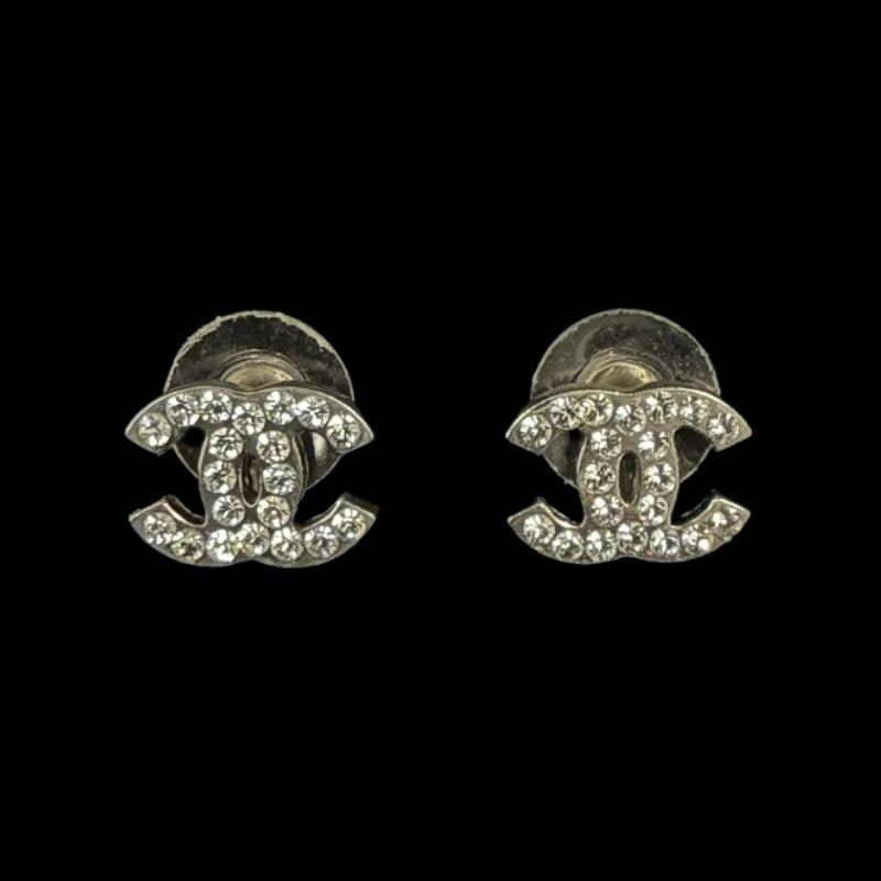 CHANEL CC Logo Earrings Pair Accessory Silver Metal Full Rhinestone Inlay Small Elegant Classic Design