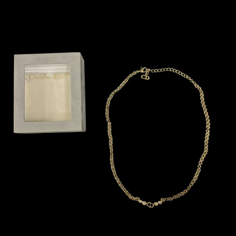 CHRISTIAN DIOR CD Logo Necklace Accessory Gold Metal Inlaid Rhinestone Slim Chain Elegant with Original Box