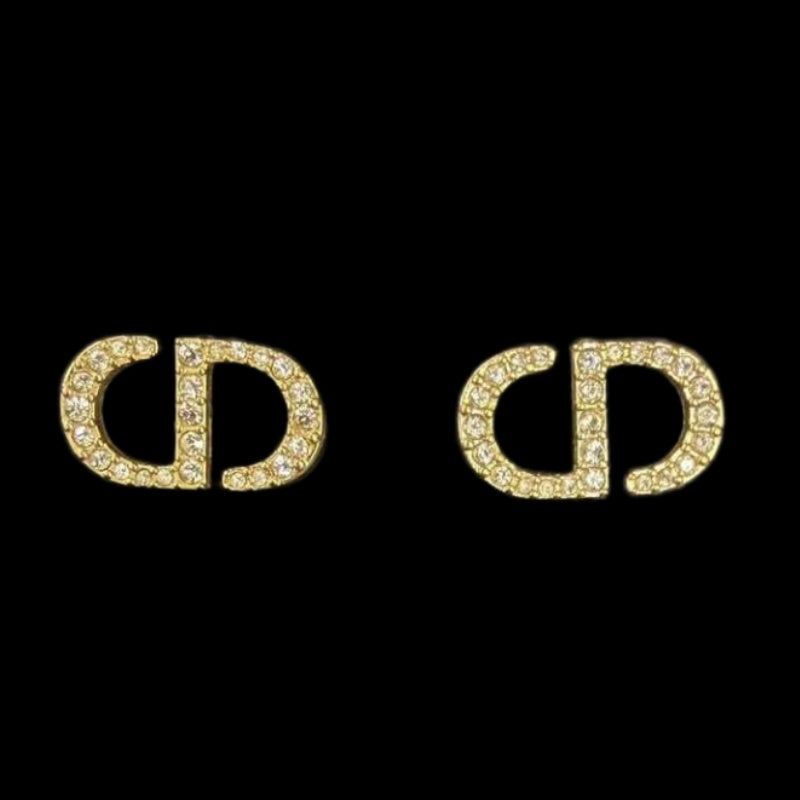 DIOR DIOR CD Logo Rhinestone Stud Earrings, Gold Hardware, With Original Box & Dust Bag, DIOR Gold Rhinestone-Set Alloy Stud Earrings