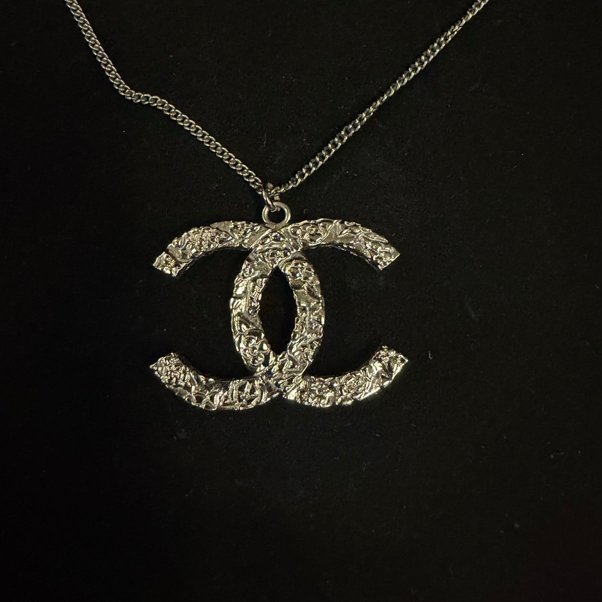 CHANEL Black Alloy Openwork Double CC Pendant Necklace