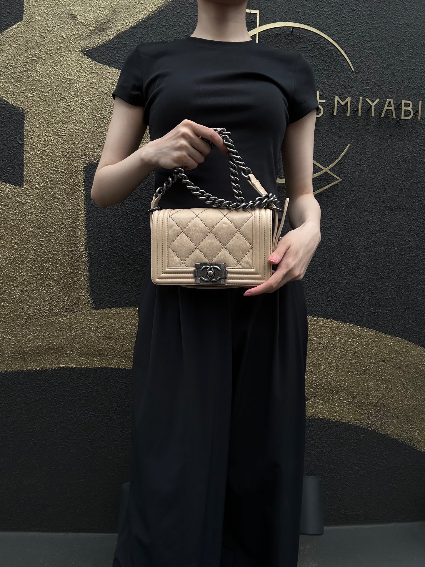 CHANEL Boy Leboy Shoulder Bag Calfskin Beige Silver Hardware