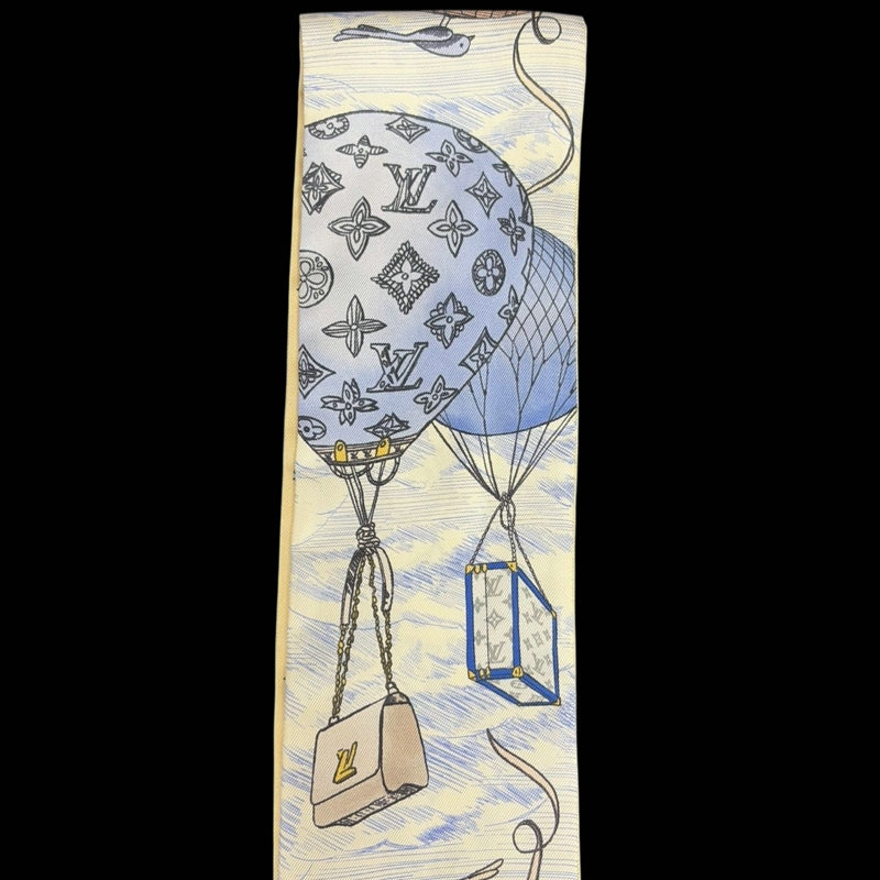 LOUIS VUITTON White & Blue Hot Air Balloon And Bird Pattern Silk Scarf