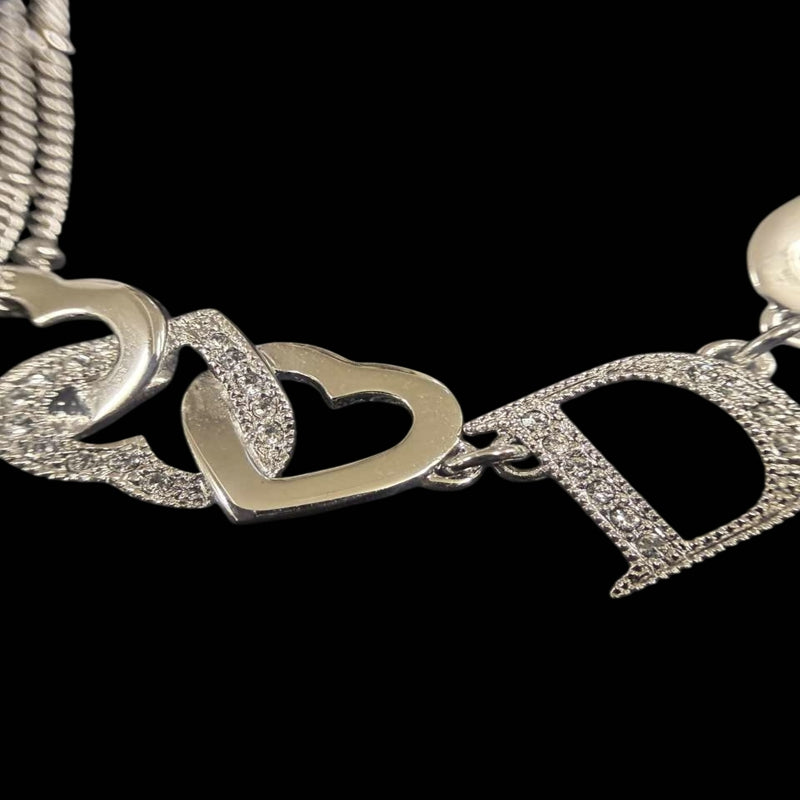 DIOR Heart CD Logo Pendant Necklace Rhinestone 925 Sterling Silver