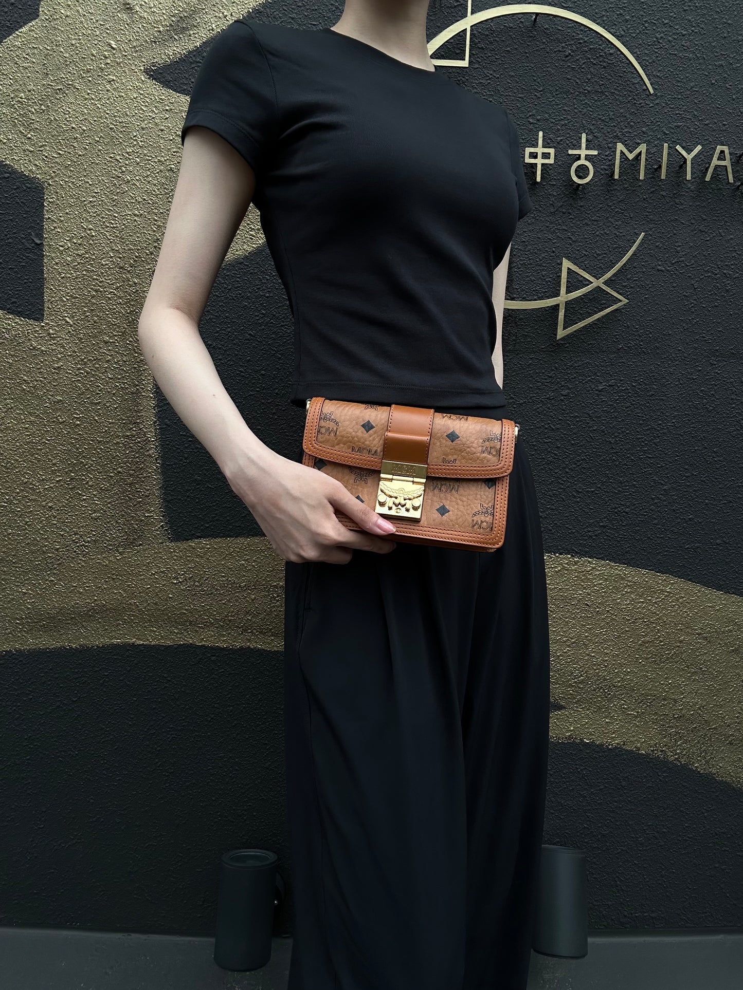 MCM Mini Postman Shoulder Bag Brown Visetos PVC Gold Hardware