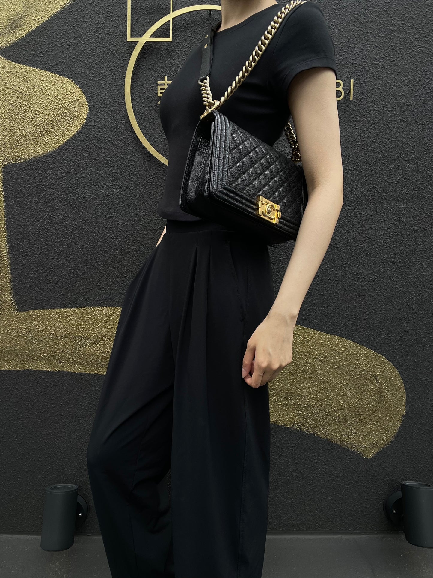 CHANEL Boy Shoulder Bag Caviar Leather Black Gold Hardware