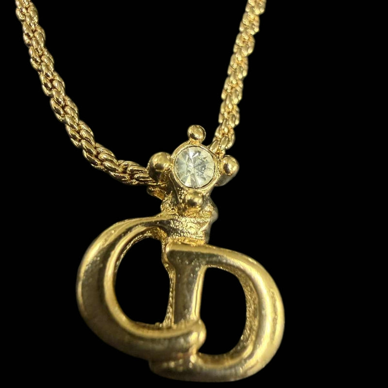 DIOR CD Logo Pendant Necklace Rhinestone Gold Alloy Hardware