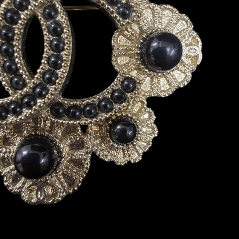 CHANEL CC Logo Brooch Accessory Gold Tone Metal Black Pearl Full Stone Inlay Vintage Elegant Design