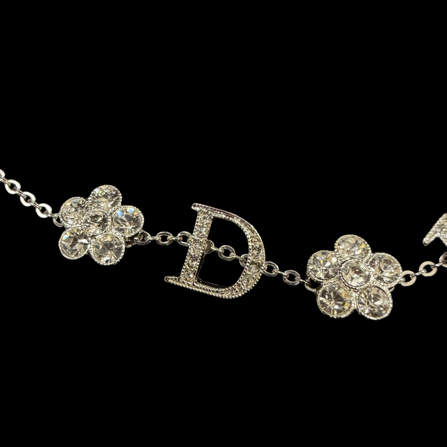 CHRISTIAN DIOR Flower & Letter Crystal Inlay Necklace Gold Tone Metal Thin Chain Adjustable Clasp Elegant Cute Design Full Set with Original Box and Dust Bag