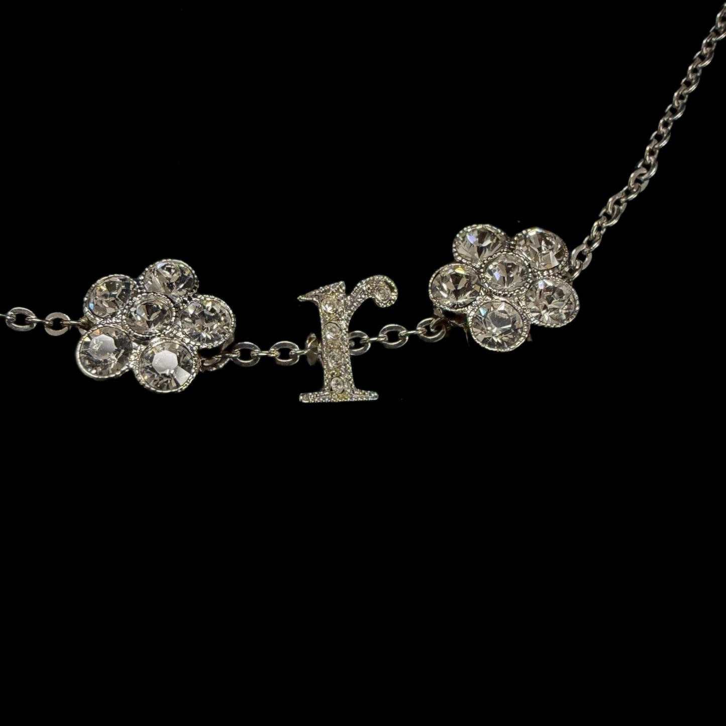 CHRISTIAN DIOR Flower & Letter Crystal Inlay Necklace Gold Tone Metal Thin Chain Adjustable Clasp Elegant Cute Design Full Set with Original Box and Dust Bag