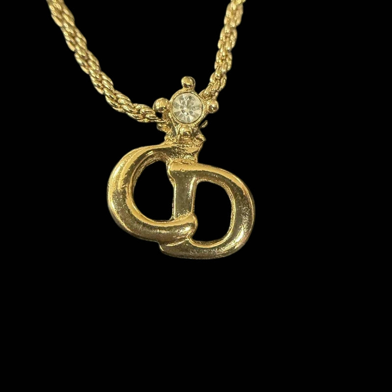 DIOR CD Logo Pendant Necklace Rhinestone Gold Alloy Hardware