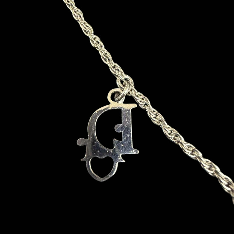 DIOR Dove Motif Pendant Necklace Rhinestone Silver Alloy Hardware