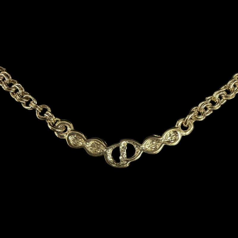 CHRISTIAN DIOR CD Logo Necklace Accessory Gold Metal Inlaid Rhinestone Slim Chain Elegant with Original Box