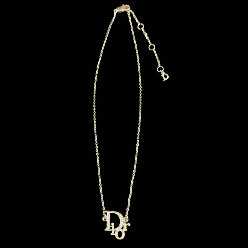 DIOR Dior Logo Pendant Necklace Rhinestone Silver Alloy Hardware