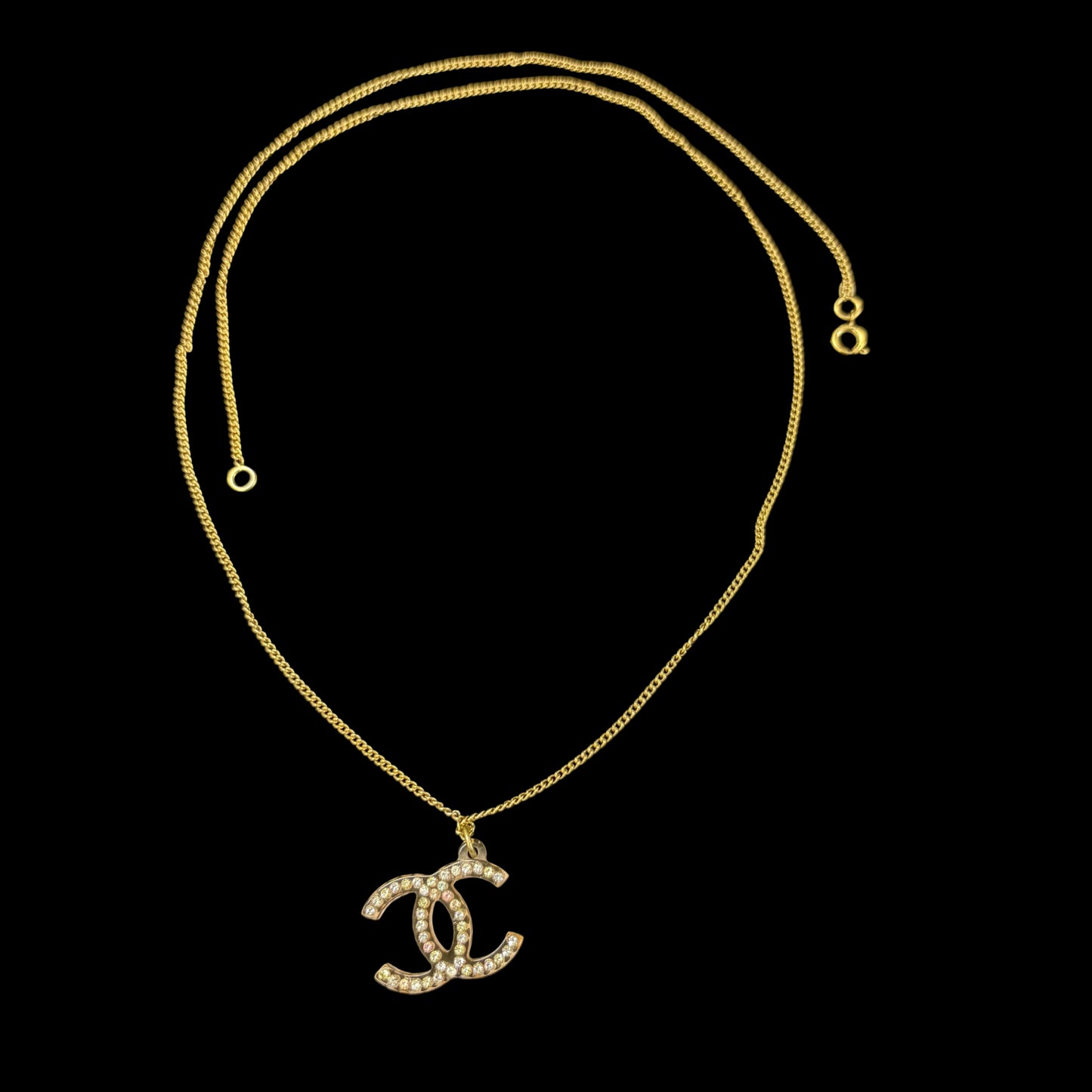 CHANEL CC Logo Pink Base Full Rhinestone Inlay Necklace Gold Tone Metal Thin Chain Adjustable Clasp Elegant Sparkling Classic Vintage Design