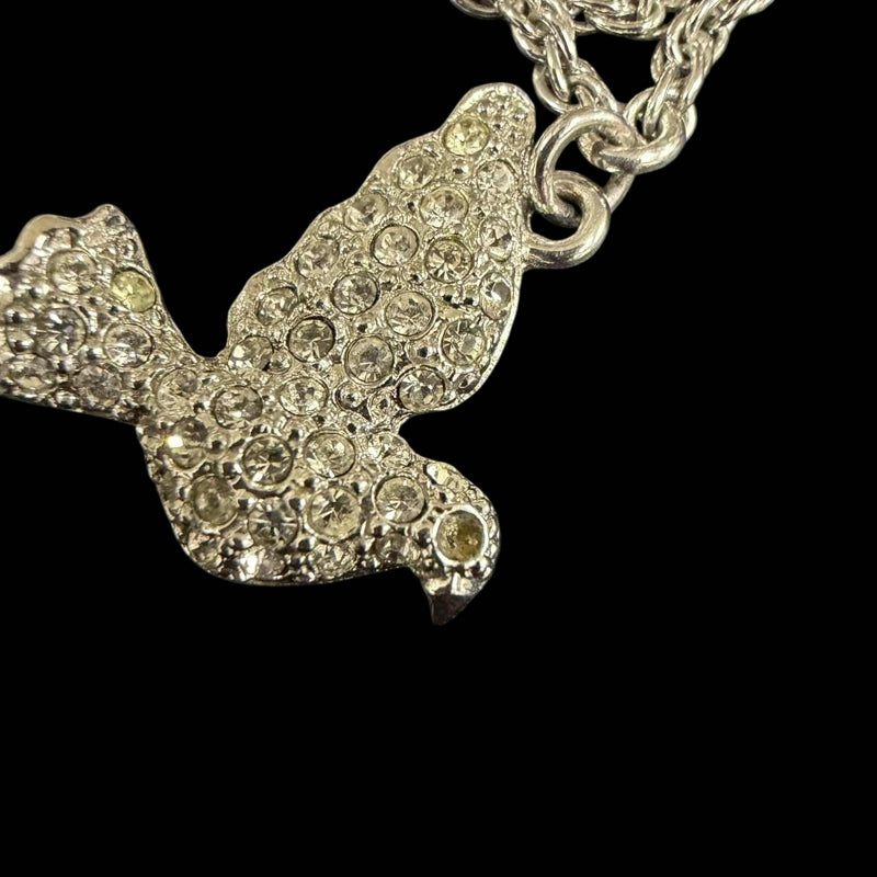 DIOR Dove Motif Pendant Necklace Rhinestone Silver Alloy Hardware