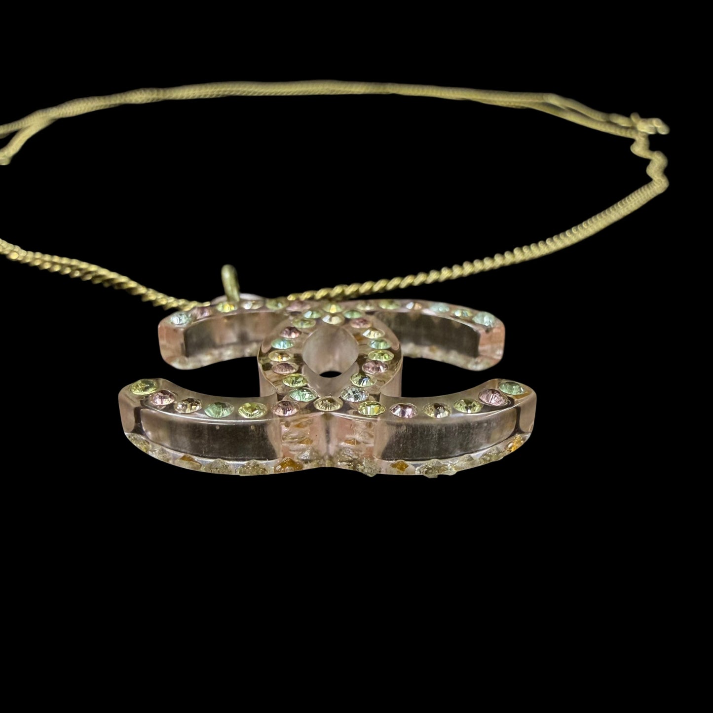 CHANEL CC Logo Pink Base Full Rhinestone Inlay Necklace Gold Tone Metal Thin Chain Adjustable Clasp Elegant Sparkling Classic Vintage Design