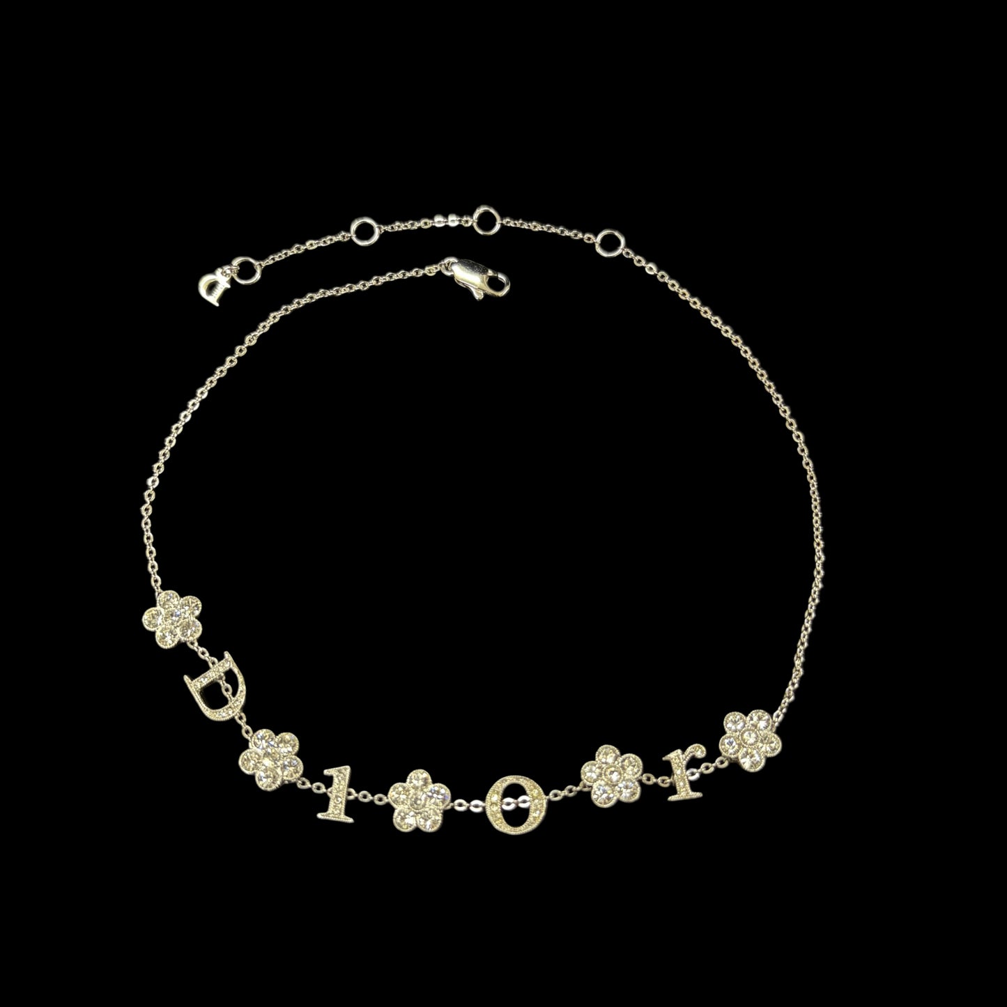 CHRISTIAN DIOR Flower & Letter Crystal Inlay Necklace Gold Tone Metal Thin Chain Adjustable Clasp Elegant Cute Design Full Set with Original Box and Dust Bag