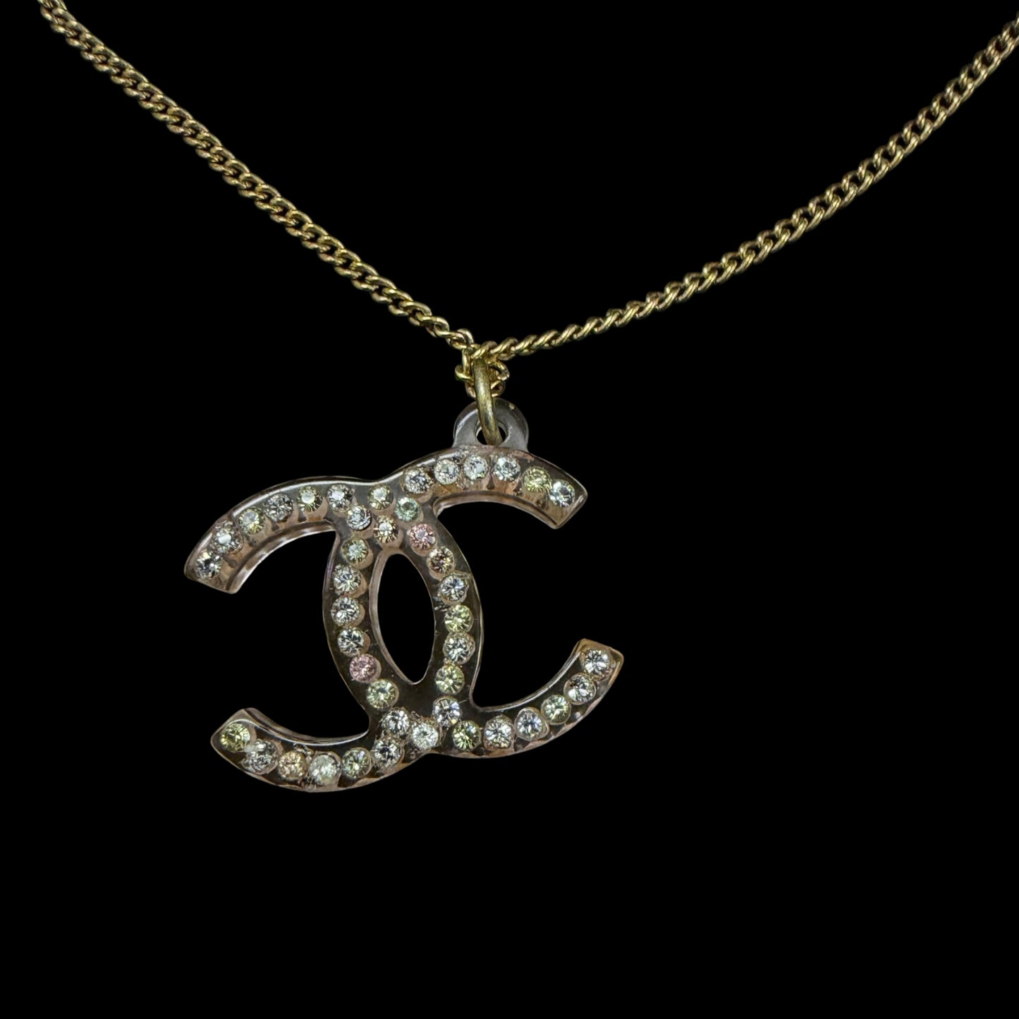 CHANEL CC Logo Pink Base Full Rhinestone Inlay Necklace Gold Tone Metal Thin Chain Adjustable Clasp Elegant Sparkling Classic Vintage Design