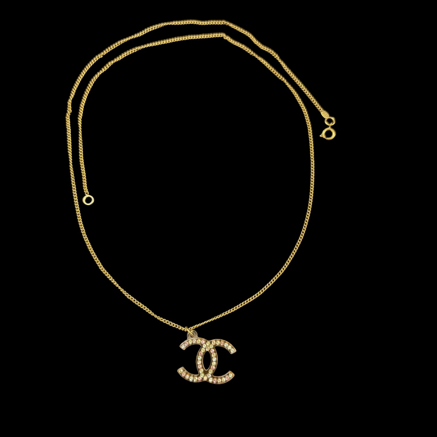 CHANEL CC Logo Pink Base Full Rhinestone Inlay Necklace Gold Tone Metal Thin Chain Adjustable Clasp Elegant Sparkling Classic Vintage Design