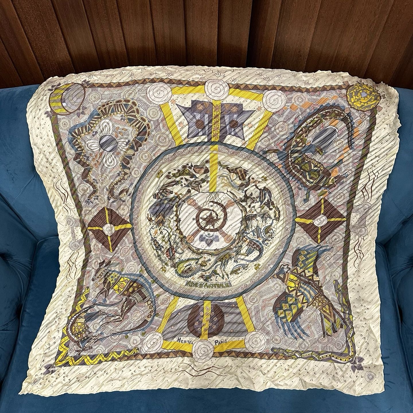 HERMES, Hermes, Scarf, Yellow, With tag, Hermes silk scarf, vintage pattern