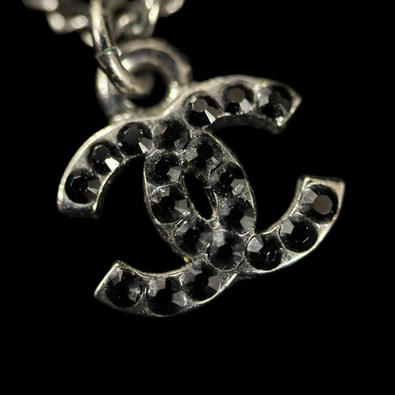 CHANEL Silver Alloy Black Pave Crystal Double CC Pendant Necklace