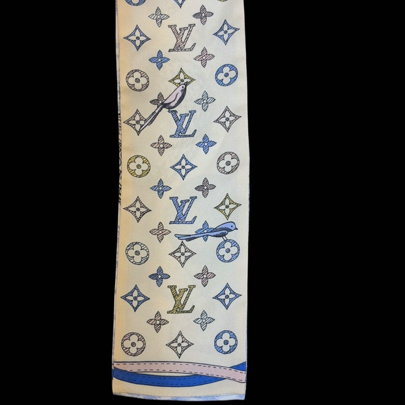 LOUIS VUITTON White & Blue Hot Air Balloon And Bird Pattern Silk Scarf