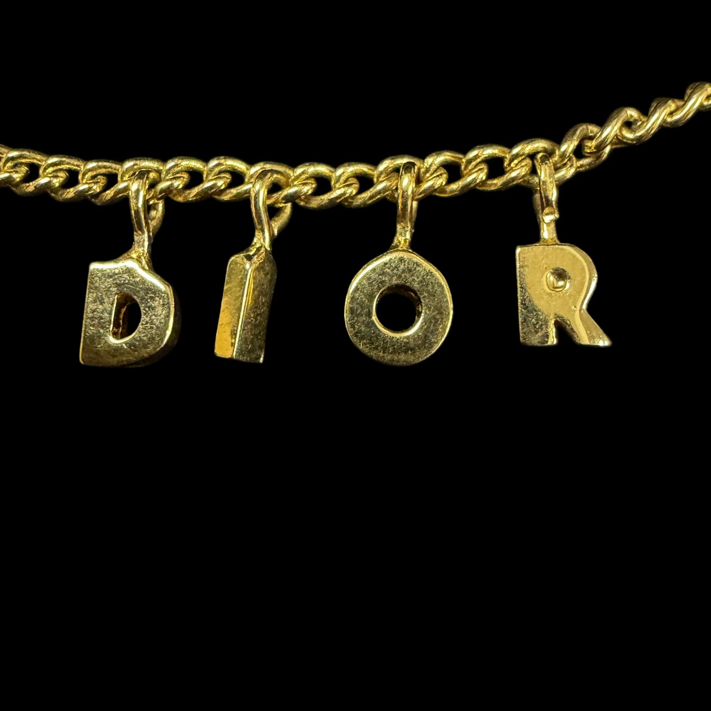 CHRISTIAN DIOR 3D Alphabet Logo Pendant Necklace Gold Tone Metal Thin Curb Chain Adjustable Extension With CD Charm Minimalist Casual Elegant Design