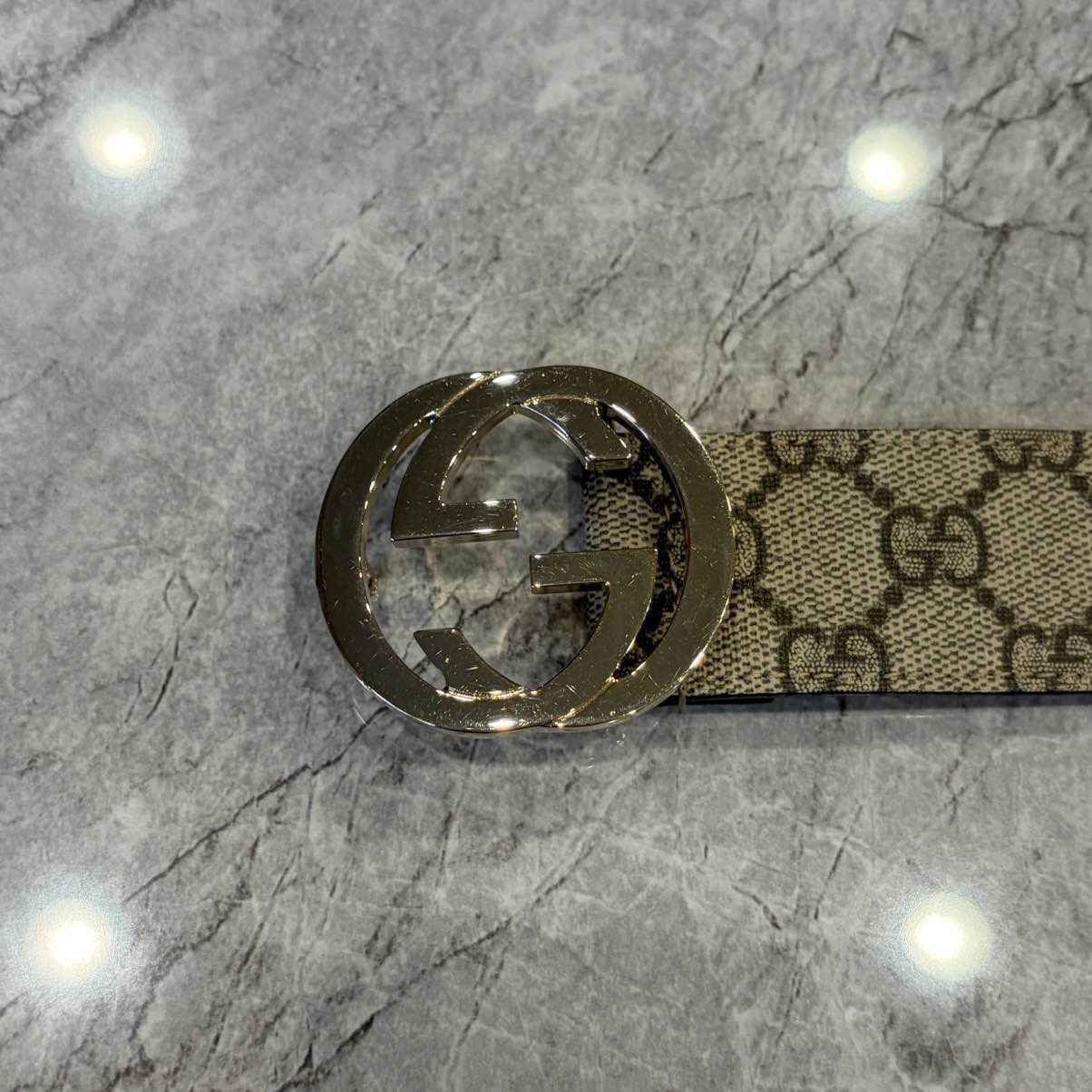 GUCCI Interlocking G GG Supreme Brown PVC Belt With Gold Hardware, Comes With Original Dust Bag