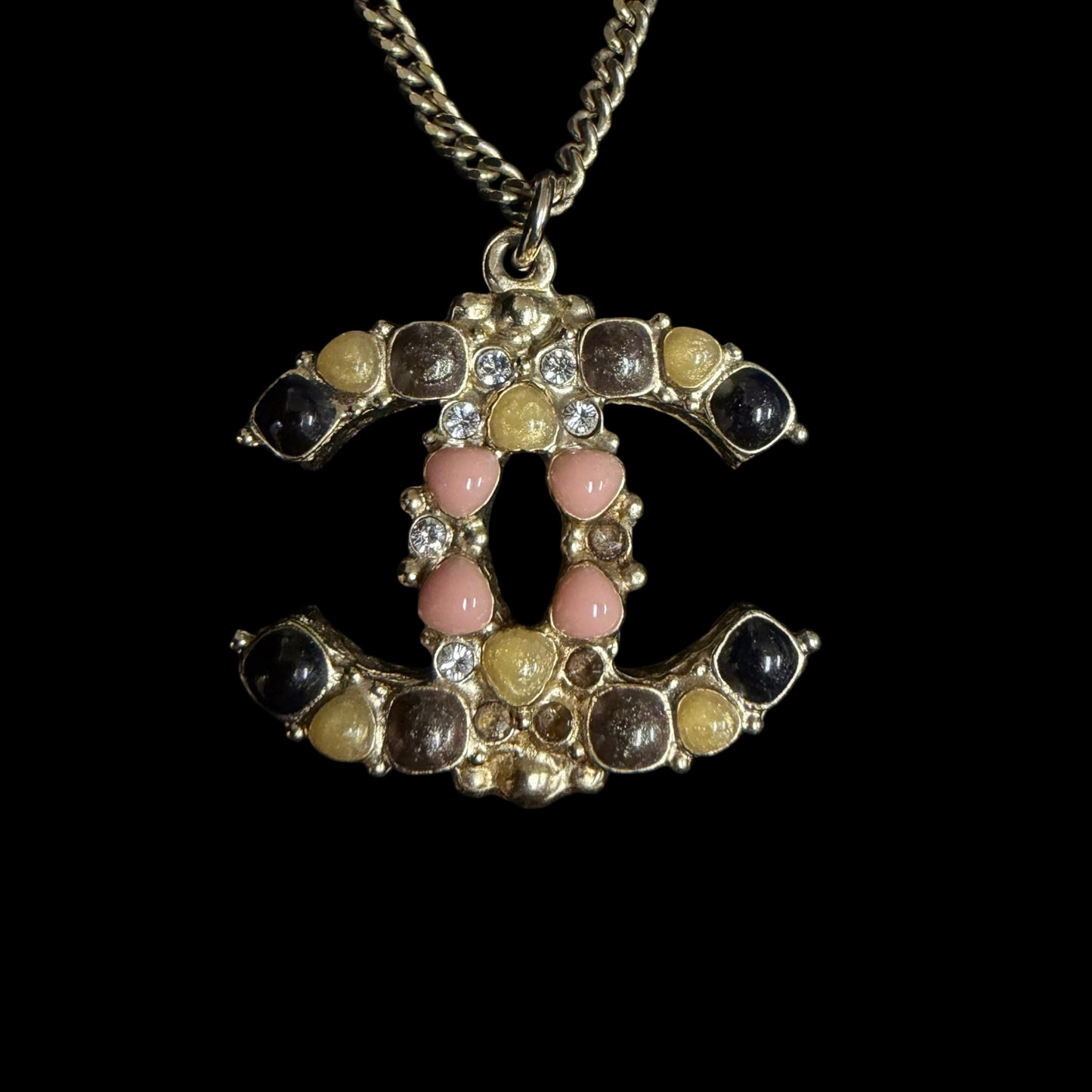 CHANEL Gold Alloy Multicolor Double CC Pendant Necklace With Glass Pearl