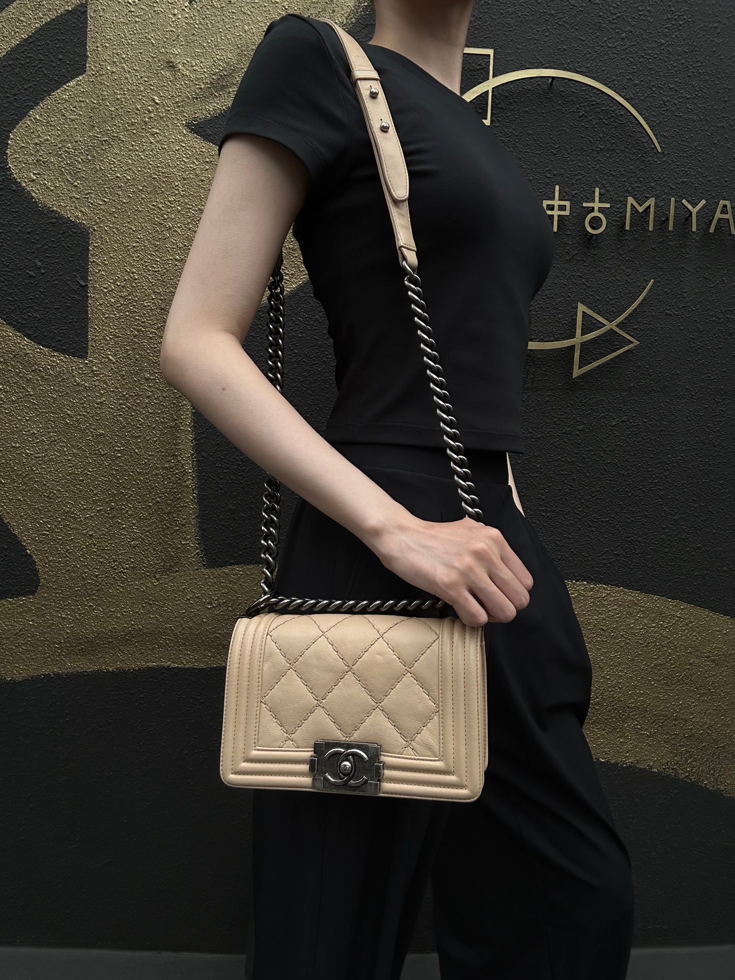 CHANEL Boy Leboy Shoulder Bag Calfskin Beige Silver Hardware