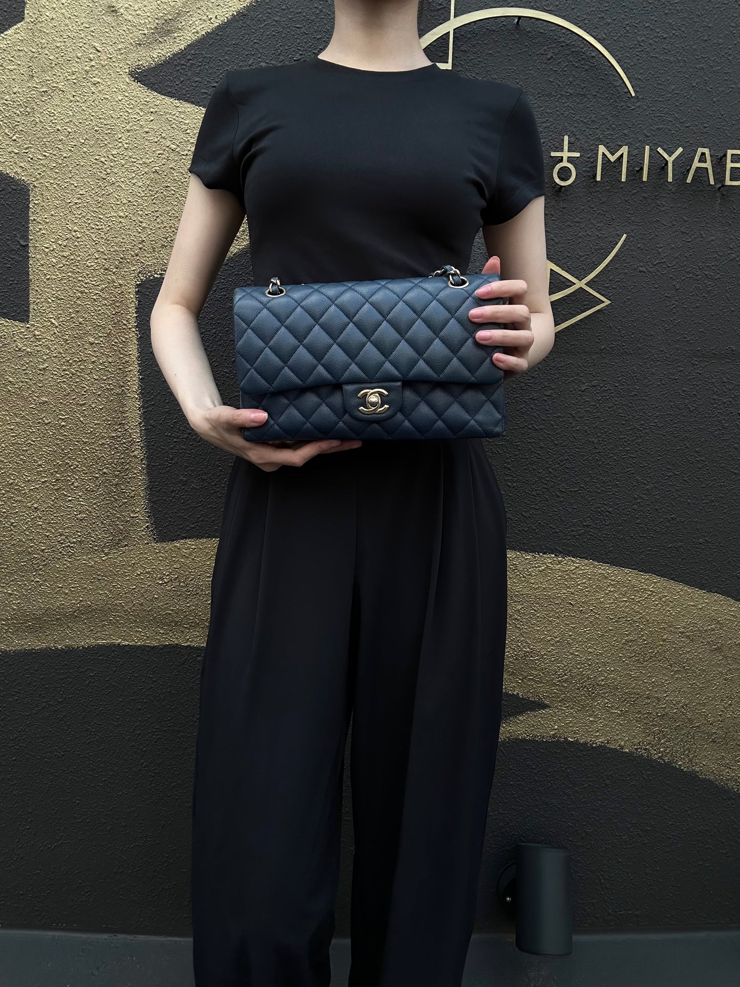 CHANEL Classic Flap Matelasse Caviar Shoulder Bag Navy Blue Gold Hardware With Authenticity Card