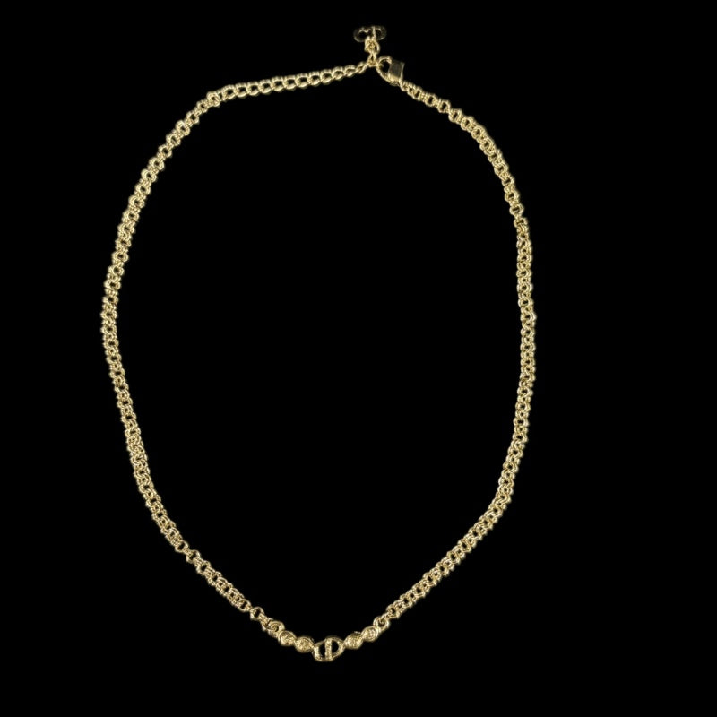 CHRISTIAN DIOR CD Logo Necklace Accessory Gold Metal Inlaid Rhinestone Slim Chain Elegant with Original Box