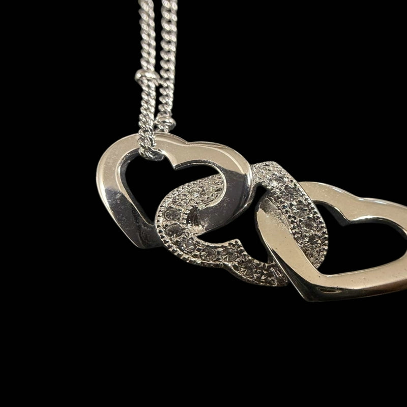 DIOR Heart CD Logo Pendant Necklace Rhinestone 925 Sterling Silver