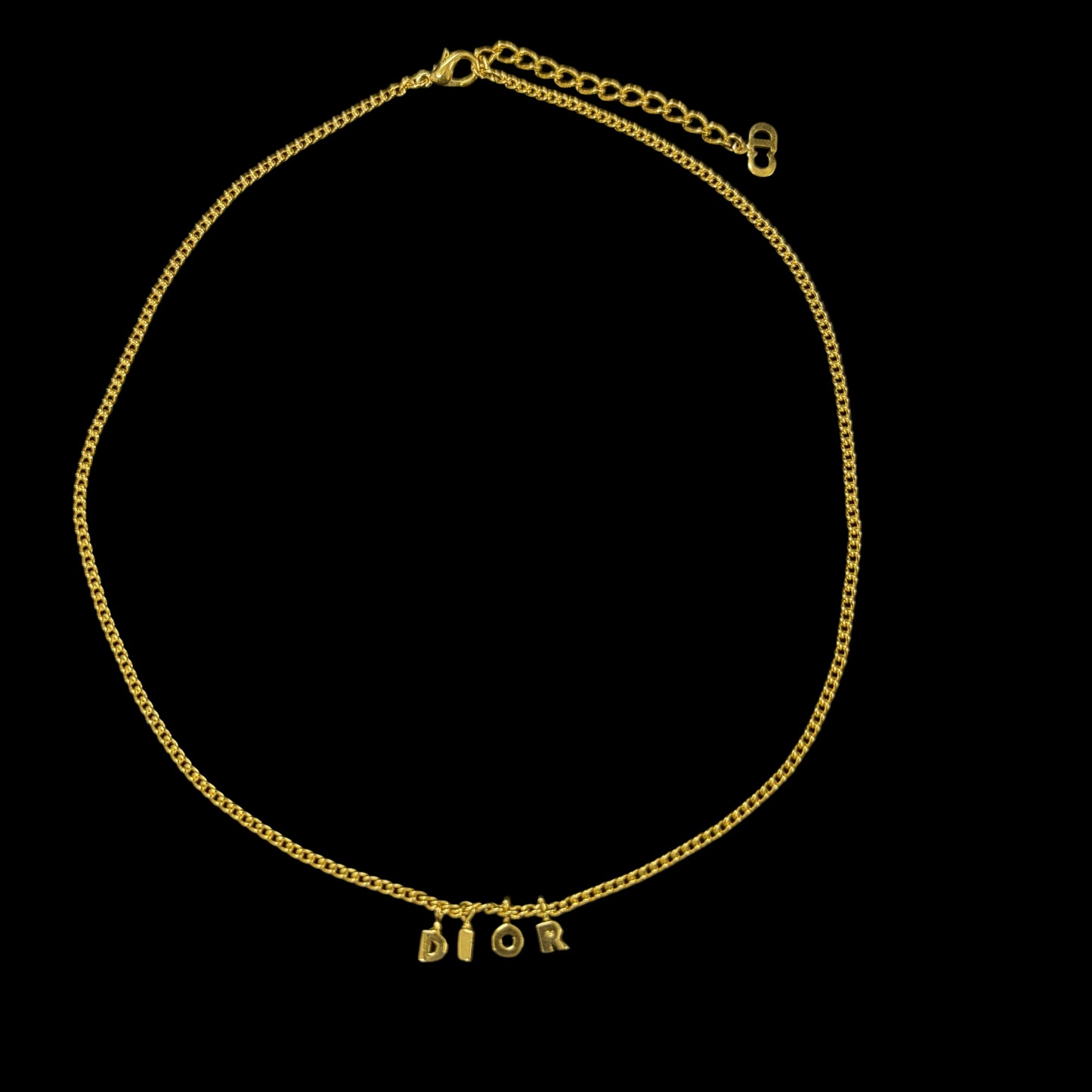 CHRISTIAN DIOR 3D Alphabet Logo Pendant Necklace Gold Tone Metal Thin Curb Chain Adjustable Extension With CD Charm Minimalist Casual Elegant Design