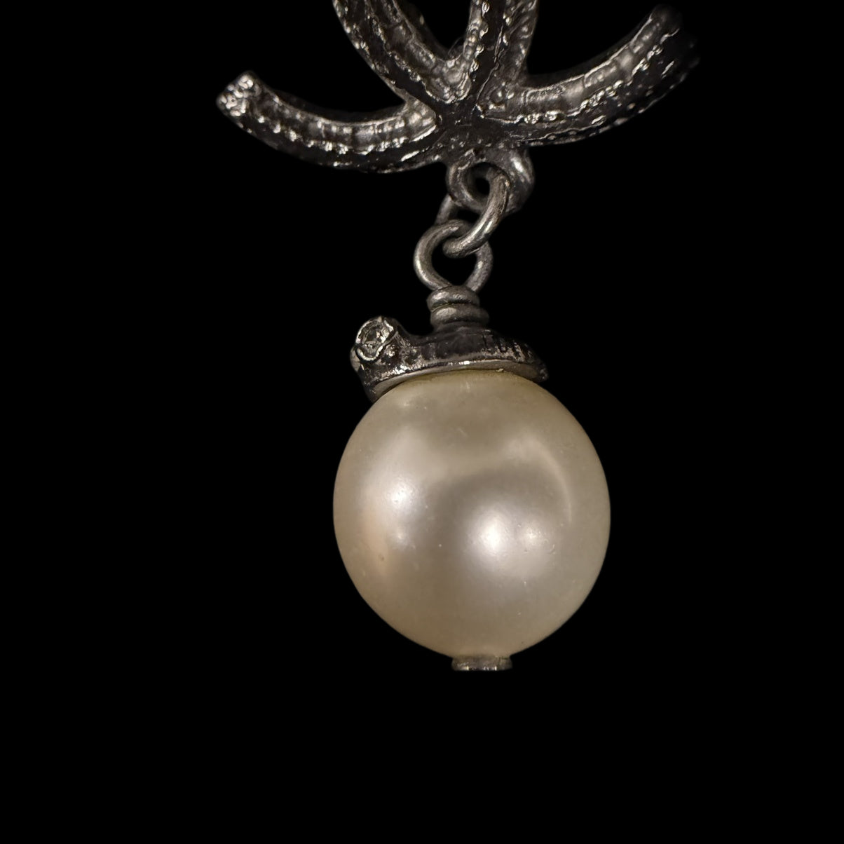 CHANEL Silver Alloy Faux Pearl Double CC Drop Earrings With Silver Hardware