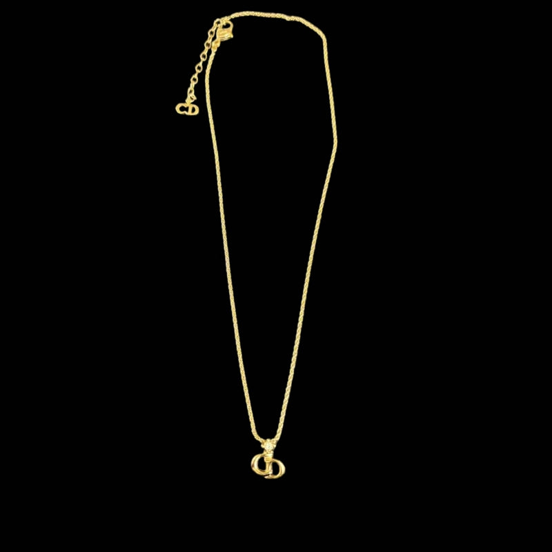 DIOR CD Logo Pendant Necklace Rhinestone Gold Alloy Hardware
