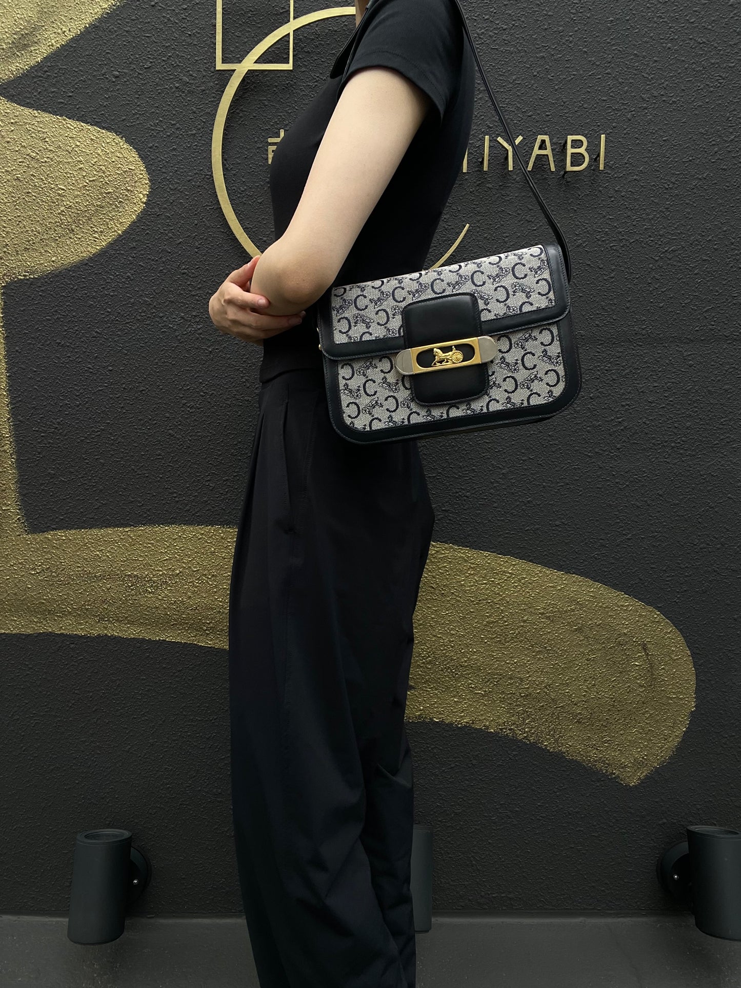CELINE Macadam Canvas Shoulder Bag Navy Gold-Tone Horse Carriage Hardware