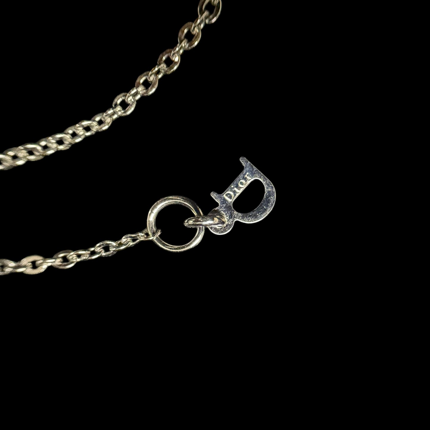 CHRISTIAN DIOR Flower & Letter Crystal Inlay Necklace Gold Tone Metal Thin Chain Adjustable Clasp Elegant Cute Design Full Set with Original Box and Dust Bag