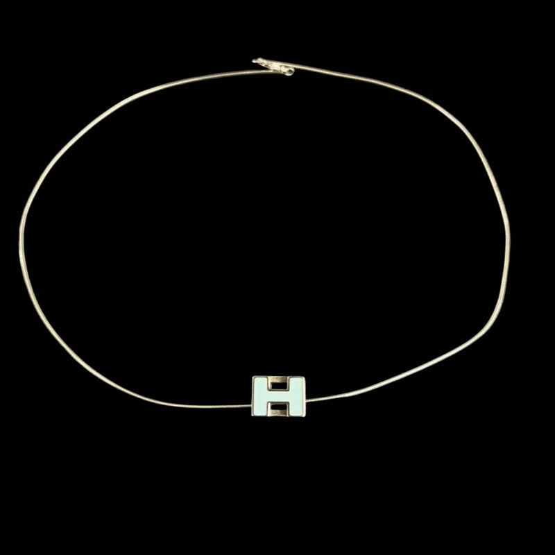 HERMES Cage d'Asche H Cube Pendant Necklace Light Blue Silver Alloy Hardware