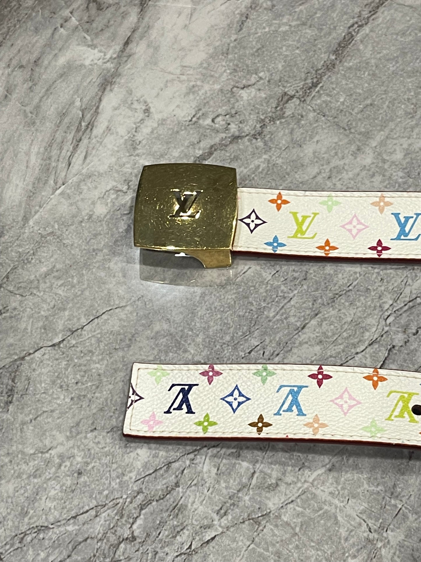 LOUIS VUITTON LV Monogram Multicolore White Canvas PVC Belt Gold Buckle With Box & Dust Bag
