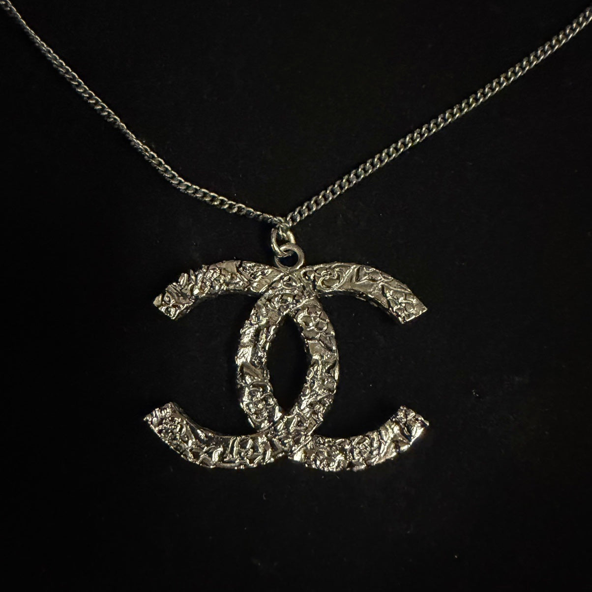 CHANEL Black Alloy Openwork Double CC Pendant Necklace
