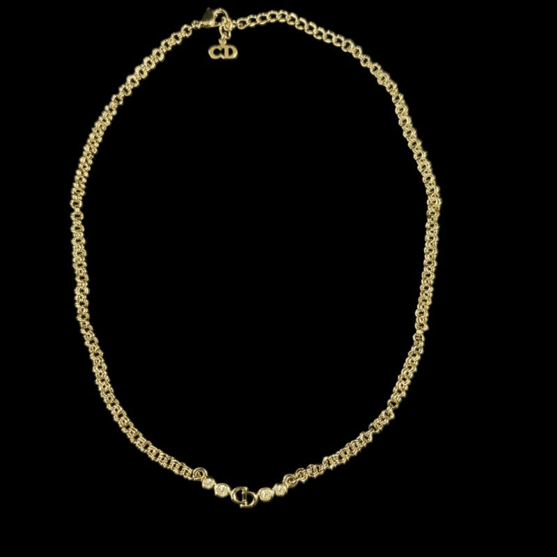 CHRISTIAN DIOR CD Logo Necklace Accessory Gold Metal Inlaid Rhinestone Slim Chain Elegant with Original Box