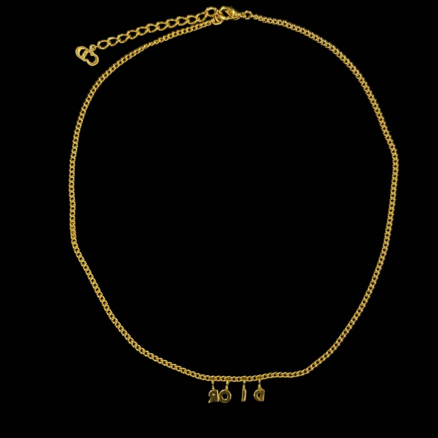 CHRISTIAN DIOR 3D Alphabet Logo Pendant Necklace Gold Tone Metal Thin Curb Chain Adjustable Extension With CD Charm Minimalist Casual Elegant Design