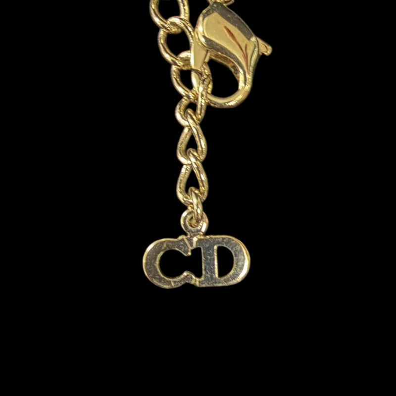 CHRISTIAN DIOR CD Logo Necklace Accessory Gold Metal Inlaid Rhinestone Slim Chain Elegant with Original Box