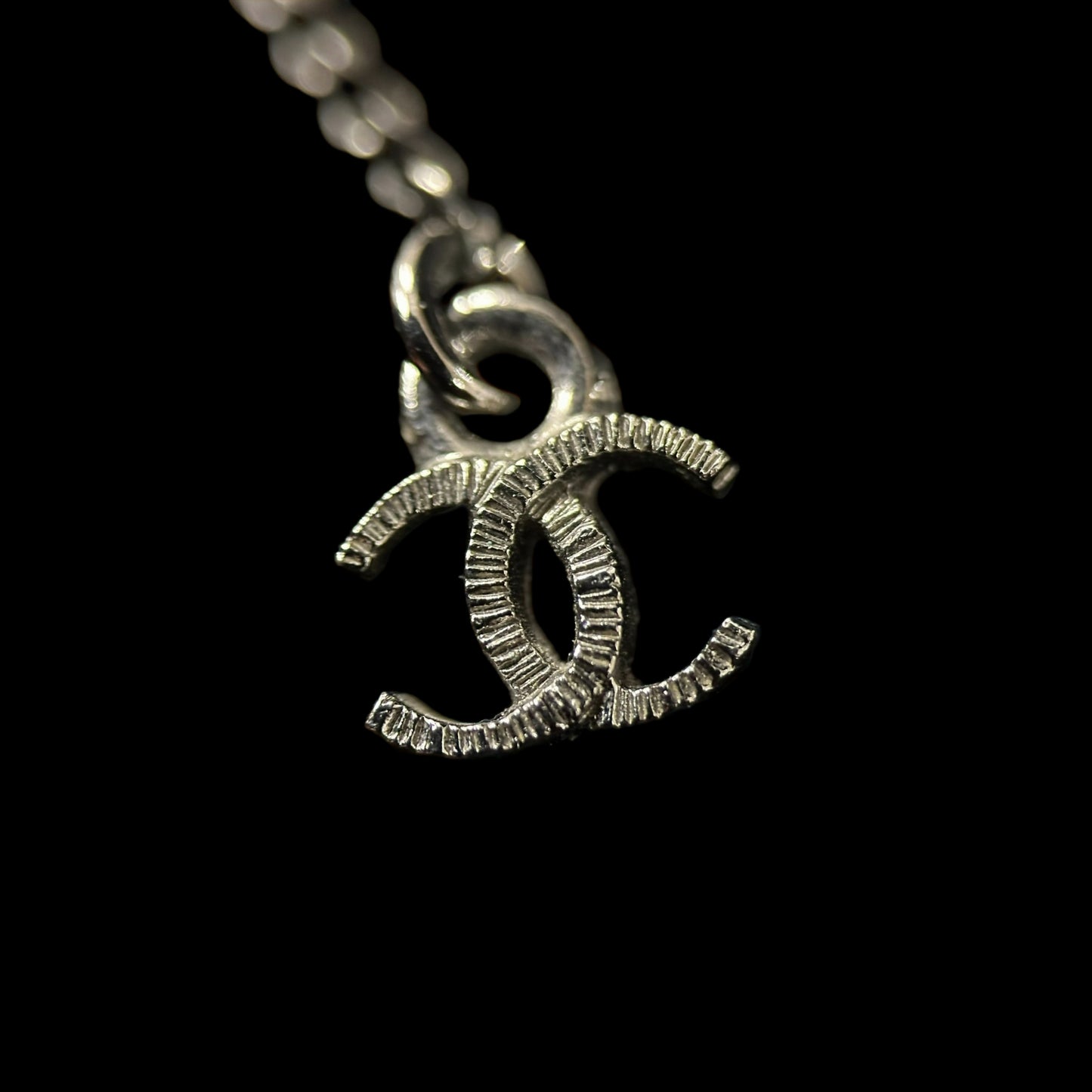 CHANEL Silver Alloy Black Pave Crystal Double CC Pendant Necklace