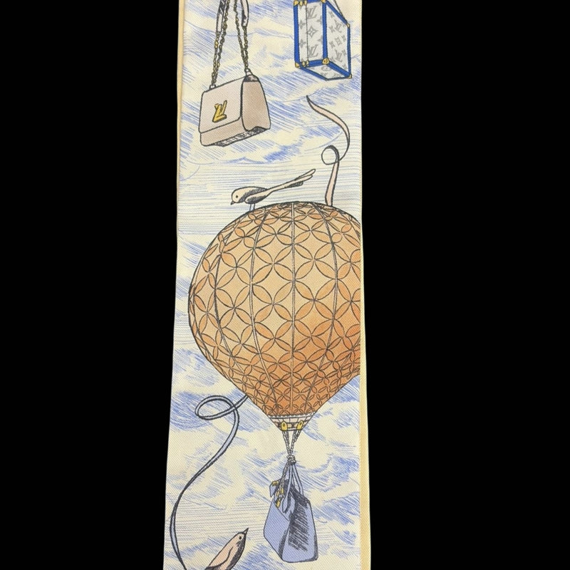 LOUIS VUITTON White & Blue Hot Air Balloon And Bird Pattern Silk Scarf