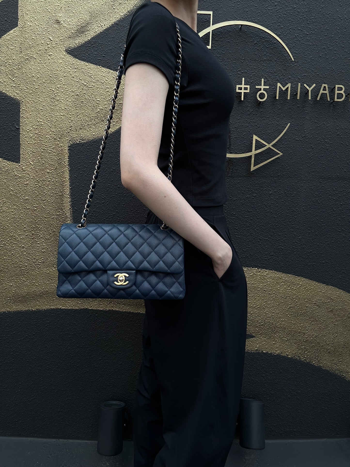 CHANEL Classic Flap Matelasse Caviar Shoulder Bag Navy Blue Gold Hardware With Authenticity Card